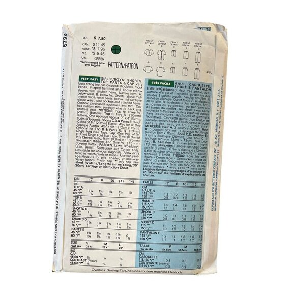 Butterick 6724 Girls/Boys Shorts & Button-Up Tops Sewing Pattern Sizes 12-14 - Picture 2 of 2